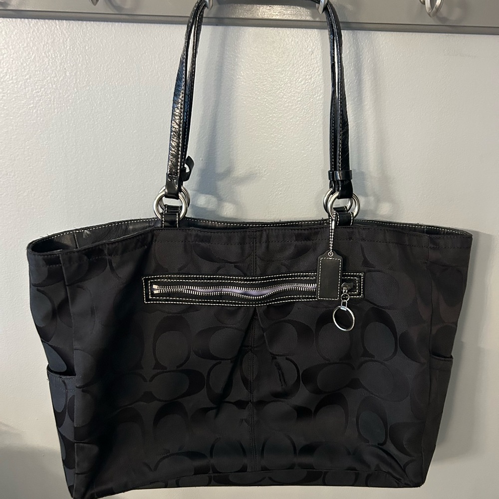 Black Coach Tote Bag with Leather Trim and Medium Handles